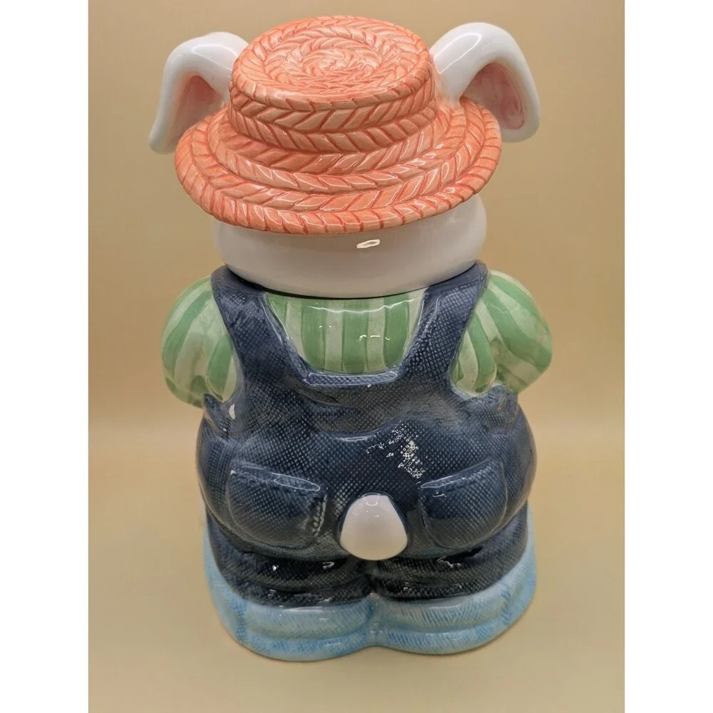 CKA Ceramic Easter Bunny Cookie Jar Vtg Rabbit Holding Basket Eggs Straw Hat *